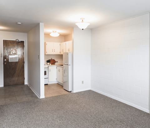 A kitchen with white cabinets and a brown door.