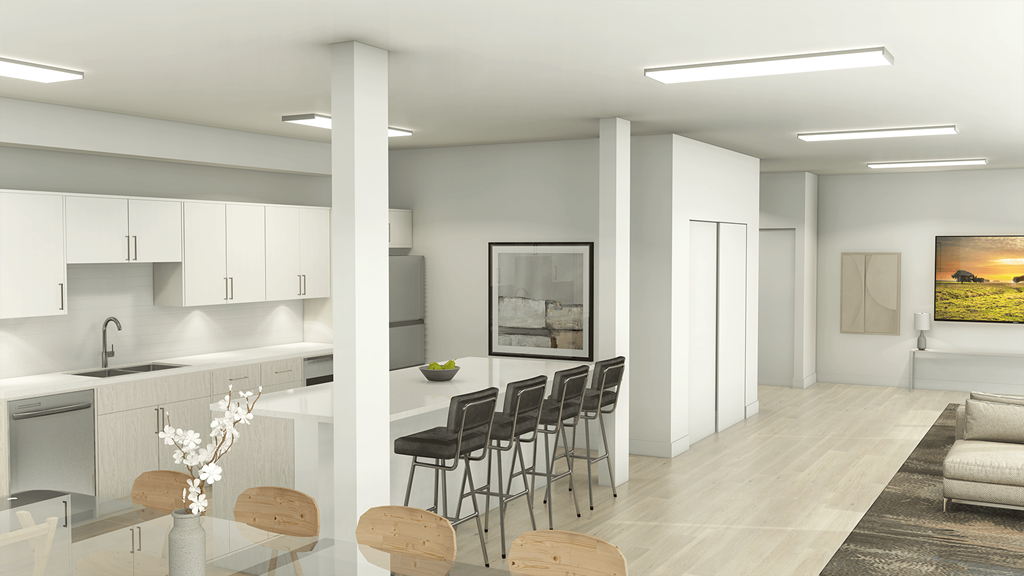 a rendering of a kitchen and dining room with a table and chairs