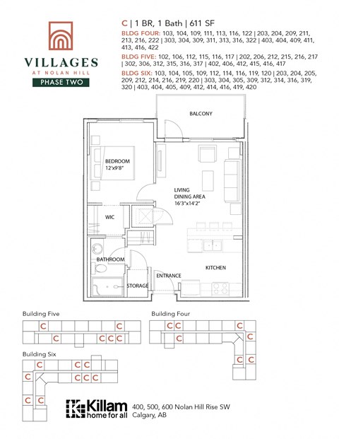 1 Bedroom + 1 Bath Approx 611  SF Floor Plan