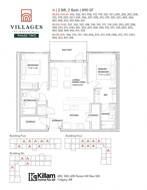 2 Bedroom + 2 Bath Approx 890 SF Floor Plan
