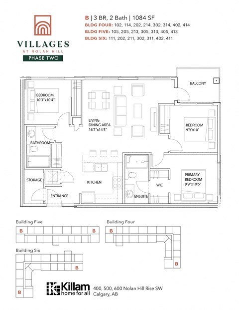 3 Bedroom + 2 Bath Approx 1084 SF Floor