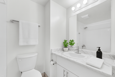 A white bathroom with a toilet, sink, and mirror.