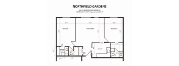 A floor plan of a 2 bedroom, 1.5 bath apartment at Northfield Gardens.