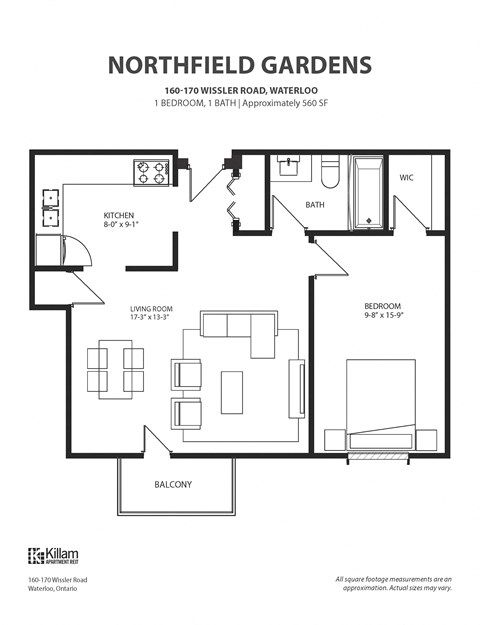 1 Bedroom + 1 Bath Approx 560 SF Floor Plan