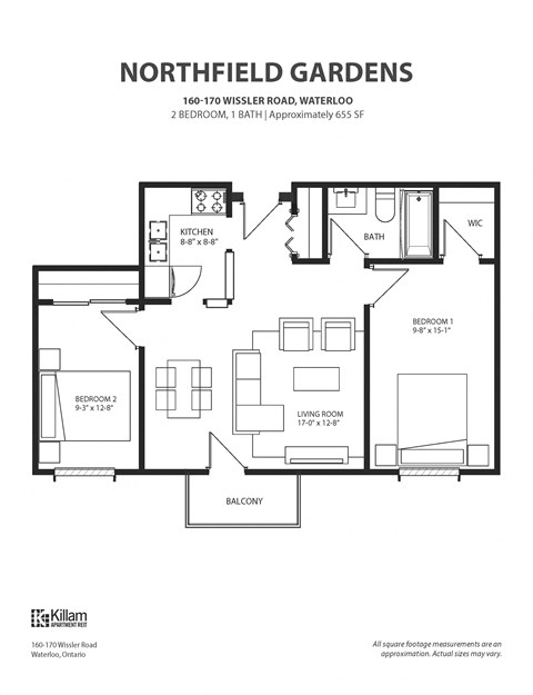 2 Bedroom + 1 Bath Approx 665 SF Floor Plan