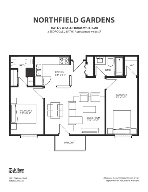 2 Bedroom + 2 Bath Approx 668 SF Floor Plan
