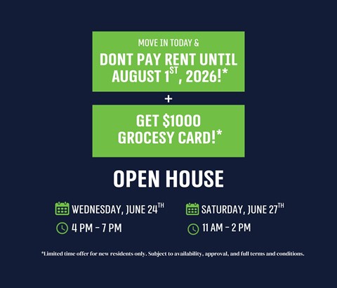 A promotional image offering a $1000 grocery card for new residents who move in before August 1, 2026.
