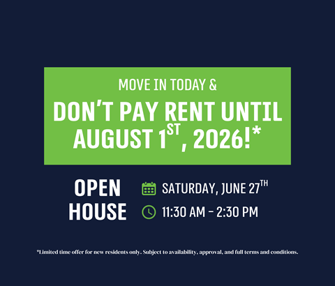 A promotional image offering a free move in for new residents until August 1st, 2026.