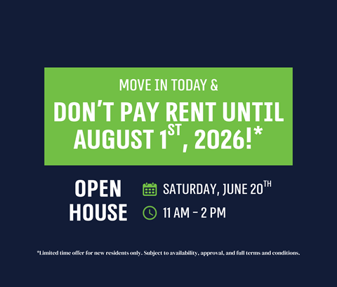 A promotional image offering a free move in for new residents until August 1st, 2026.