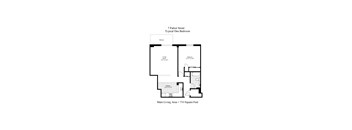A drawing of a house layout for a 7 Parker Street Typical One Bedroom.