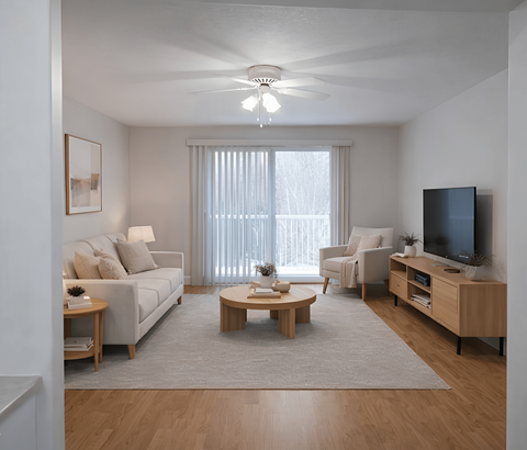 A living room with a television, couches, and a coffee table.