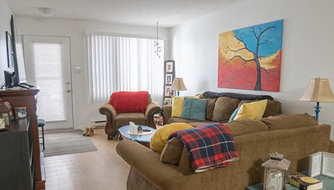 A living room with a brown couch and a painting on the wall.