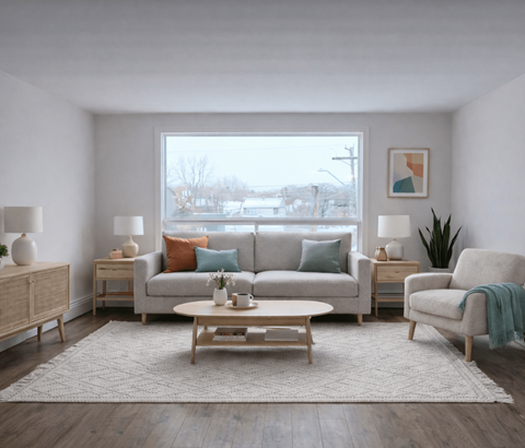 A living room with a grey couch, a wooden coffee table, and a large window.