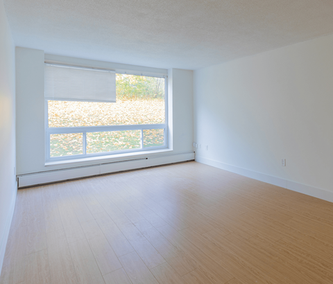 A room with a large window and wooden flooring.