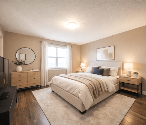 A well-lit bedroom with a large bed, a television, and a dresser.