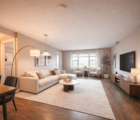 A modern living room with a large sectional sofa, a coffee table, and a flat-screen TV.