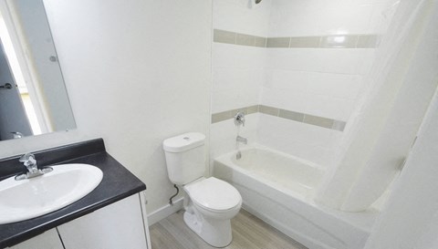 a bathroom with a toilet and a tub and a sink