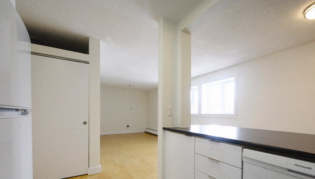 an empty kitchen and living room with white cabinets and a counter top