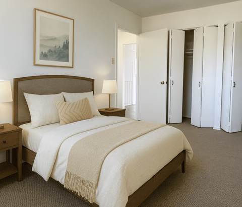 A bedroom with a large bed and a painting on the wall.