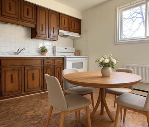 A kitchen with a table and chairs.