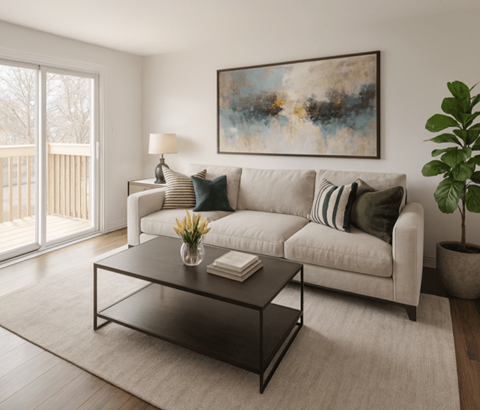 A living room with a white sofa, a coffee table, and a painting on the wall.