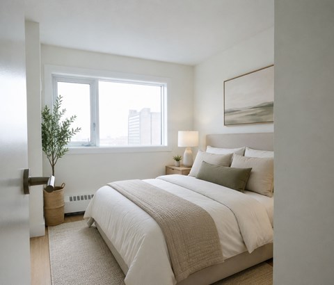 A bedroom with a large bed and a small tree by the window.