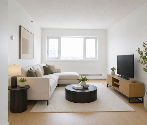 A living room with a white couch, a black coffee table, and a flat screen TV.