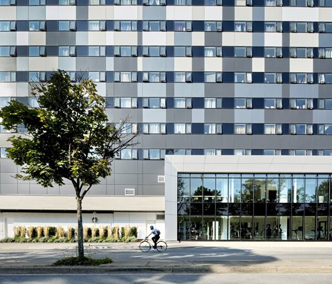 A person riding a bicycle in front of a large building with a tree to the left.