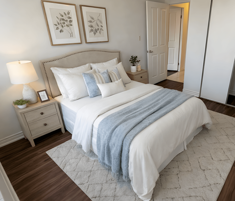 A bedroom with a large bed, a nightstand with a lamp, and two framed pictures on the wall.
