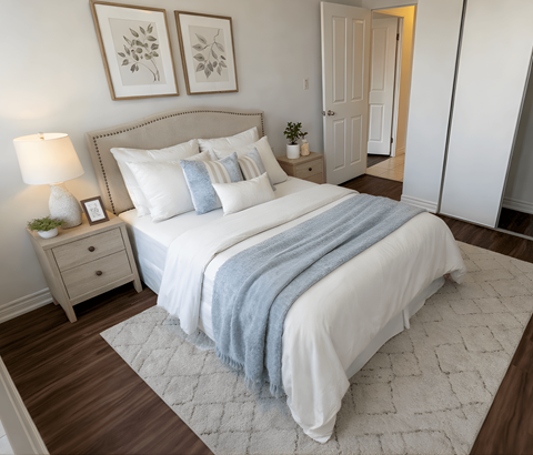 A bedroom with a large bed, a nightstand with a lamp, and two framed pictures on the wall.