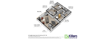 A floor plan of a home with a living room, dining room, kitchen, and three bedrooms.
