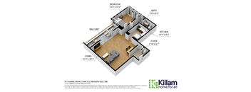 A floor plan of a home with labeled rooms including a bedroom, bathroom, kitchen, living room, and balcony.