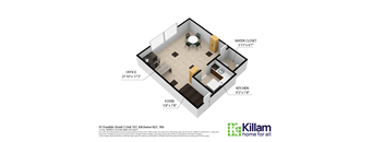 A floor plan of a home with a kitchen, office, and water closet.