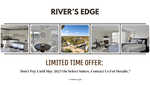 A promotional image for River's Edge with various suites and a view of the area.