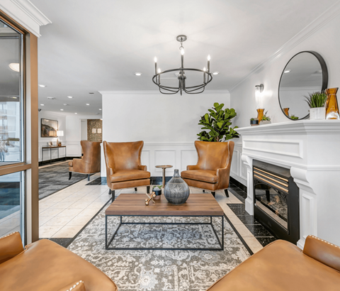 A living room with a fireplace, chairs, and a plant.