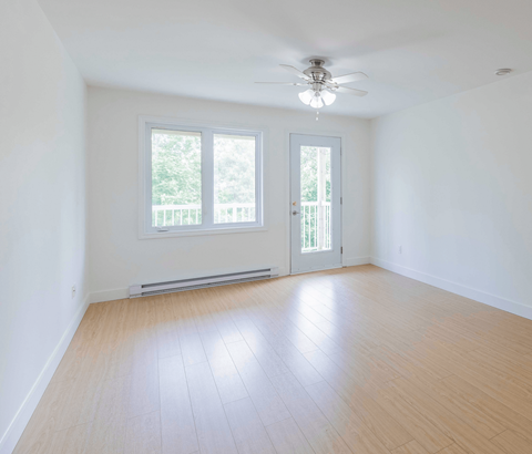 A room with a ceiling fan and a window with a view of trees.