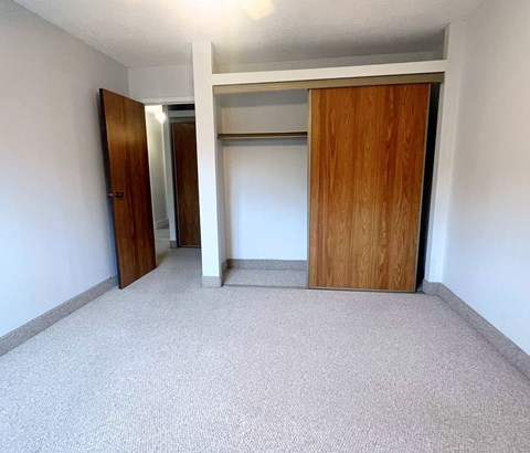 A room with a carpeted floor and two wooden doors.