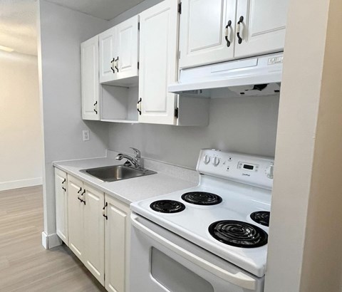A white kitchen with a stove and sink.