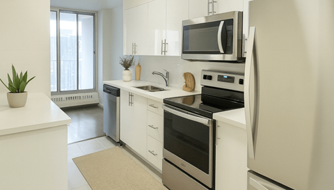 A modern kitchen with white appliances and a window.