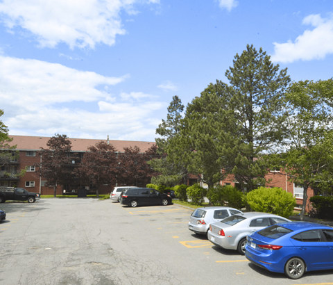 A parking lot with cars and a building in the background.