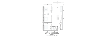 A drawing of a 3 bedroom apartment with a living room, kitchen and bathroom.