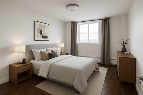 A bedroom with a bed, nightstands, and a window.