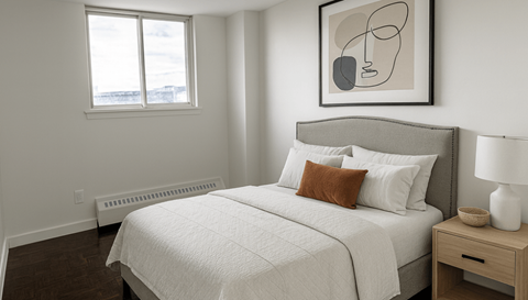 A bedroom with a bed, nightstand, and a framed picture on the wall.