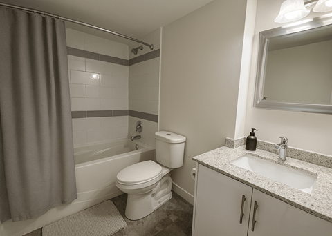 A bathroom with a toilet, sink, and shower.