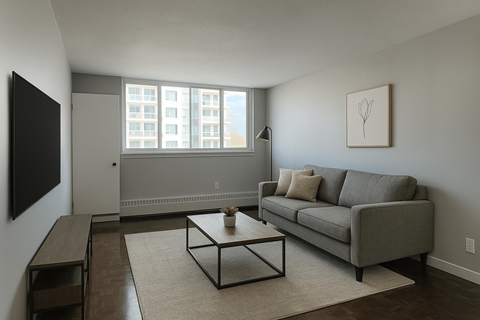 A living room with a grey couch, a coffee table, and a painting on the wall.