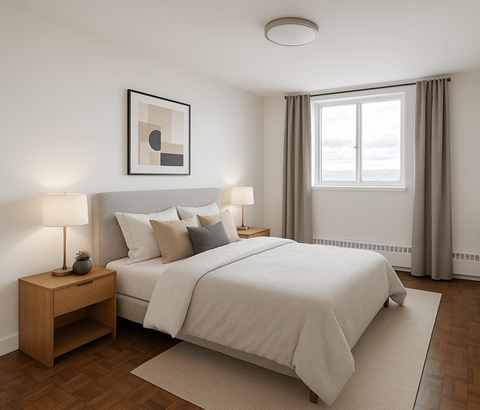 A bedroom with a large bed and a nightstand with a lamp.