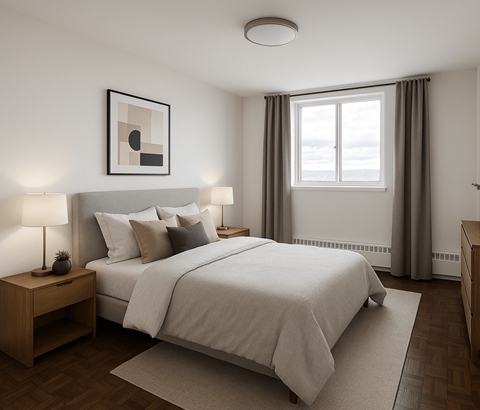A bedroom with a large bed and a nightstand with a lamp.