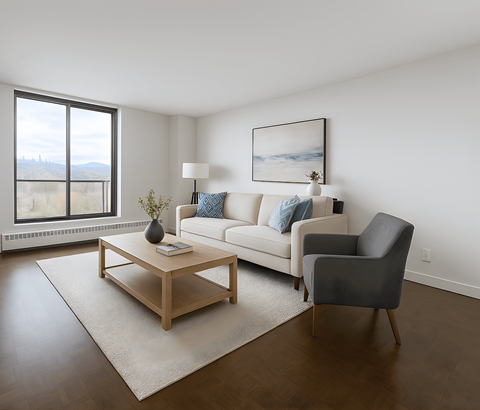 A living room with a white couch, a grey armchair, a wooden coffee table, and a large window.