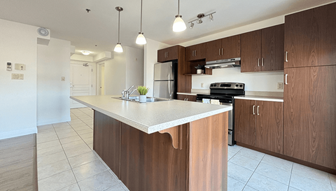 A kitchen with a white countertop and wooden cabinets.