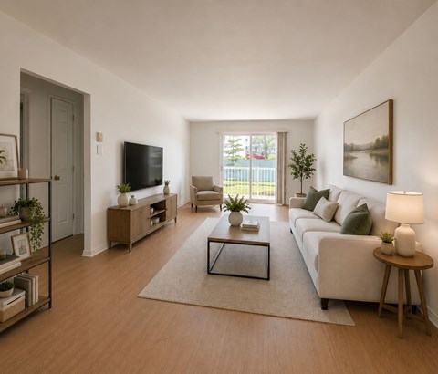 A living room with a white couch, a coffee table, and a television.